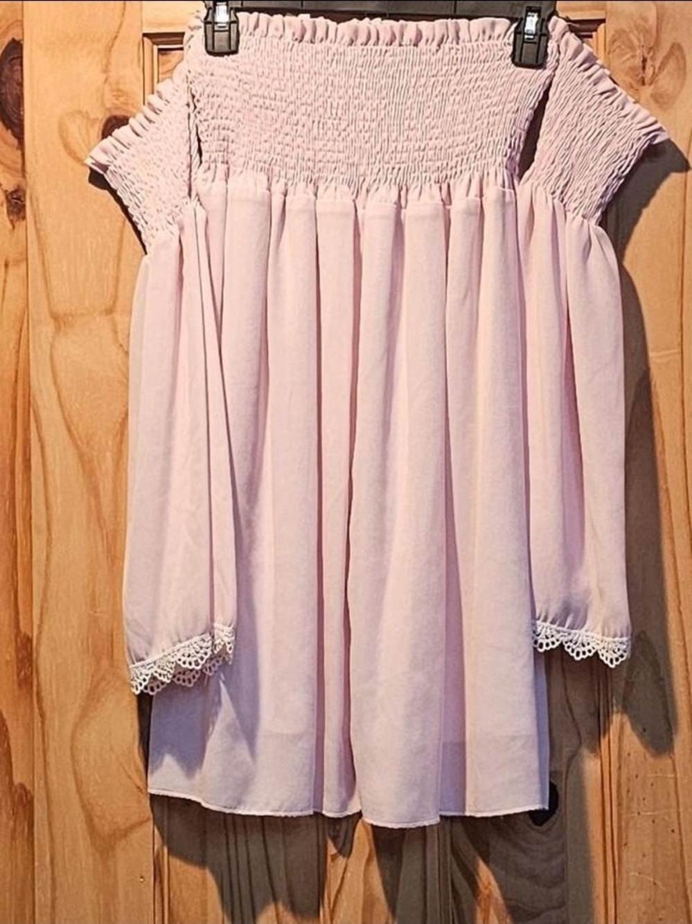 Girls Pink Off-Shoulder Smocked Dress with Lace Trim